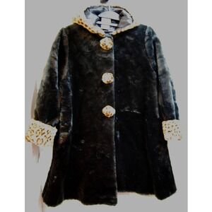 Vintage Black Faux Fur Girls Coat Sz 8 Med Leopard cuff/hood Isabella Union tag
